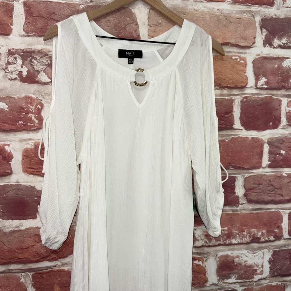 Naif Dress Women's XL Petite White Gold Ring Accent Beachy Crinkle Slit Sleeves - Picture 3 of 8